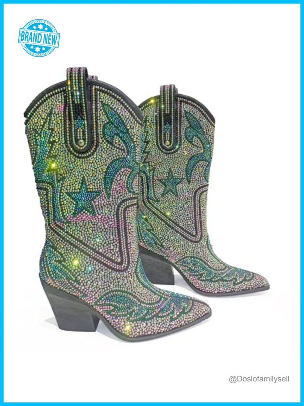 Rhinestone Sparkly Mid-Calf Cowboy Boots Faux Leather Block Heel
